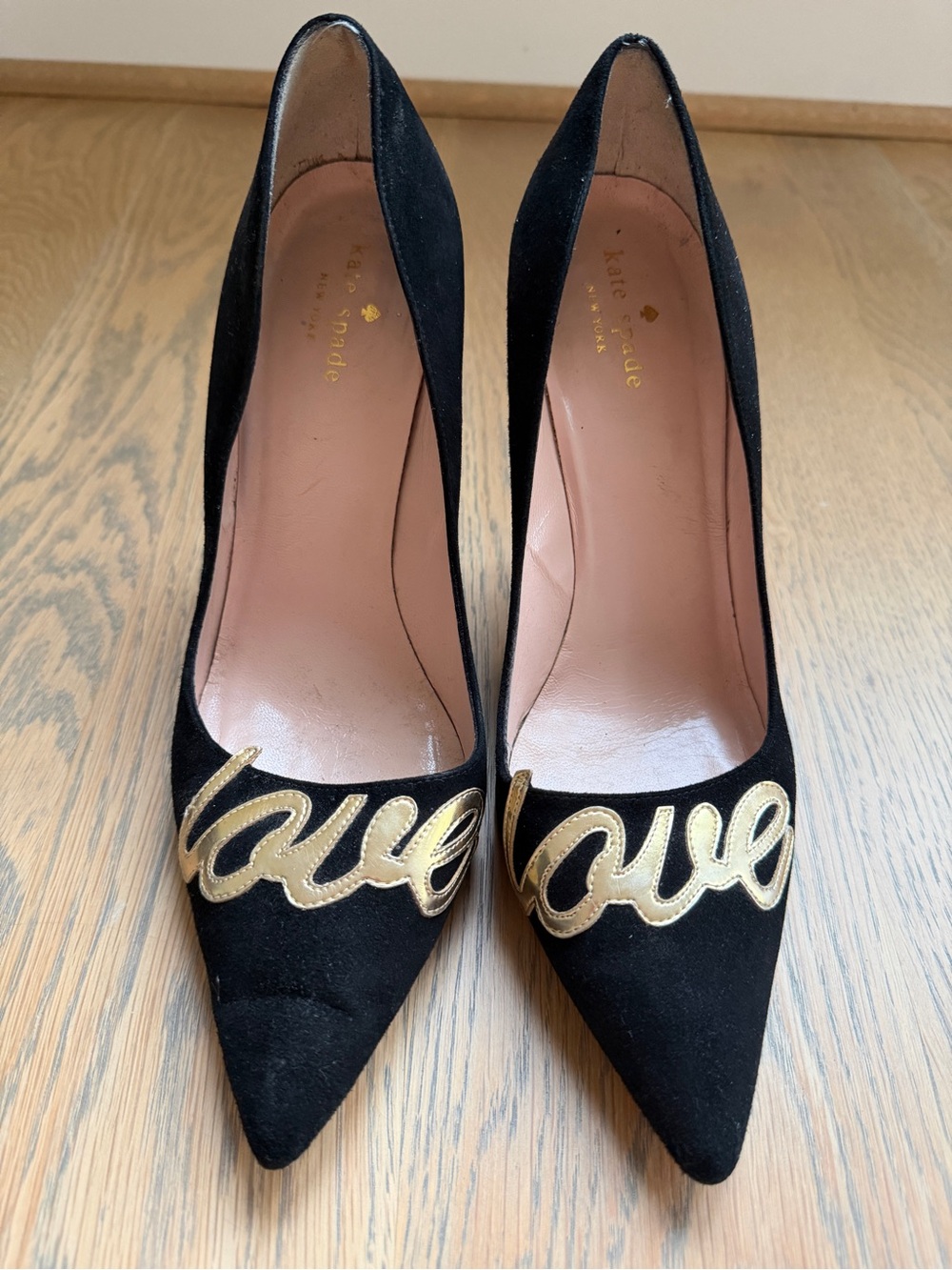 Kate Spade Black Suede Pointed Toe Pumps with Gold 'love' Script